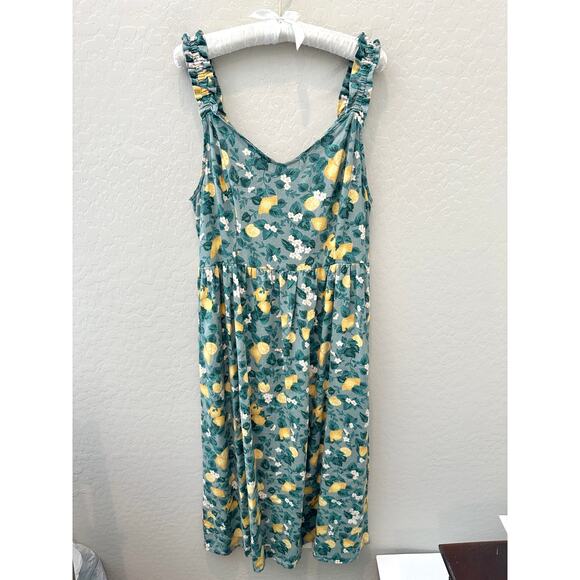 DIP | Green Lemon Print Linen Blend Dress with Ruffle Straps | Size Large - Picture 1 of 6